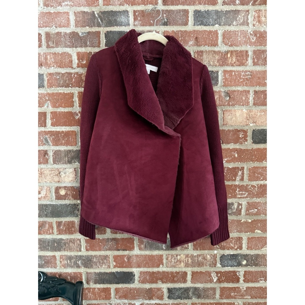NYC Sweater Cardigan Womens XS Maroon Faux Fur Suede Cozy Wrap Jacket Asymmetric
